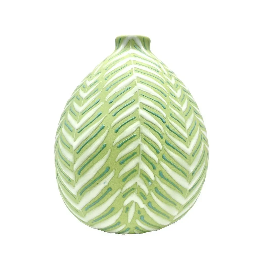 Crate and Barrel Leaf Vase Green and White with Enamel Fern Leaves Botanical - Picture 4 of 8